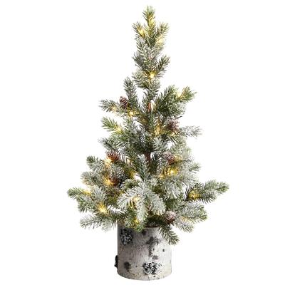 24" Flocked Christmas Artificial Tree in Decorative Birch Bark Planter with 30 LED lights
