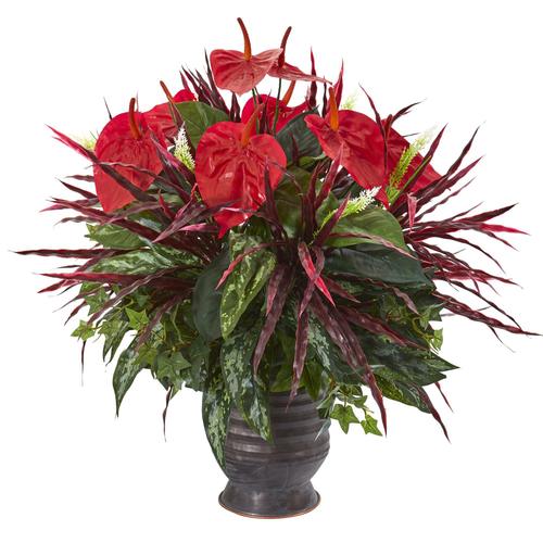 24" Mixed Anthurium Artificial Plant in Ribbed Metal Planter