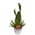 24" Mixed Cactus and Succulent Artificial Plant in White Planter with Silver Trimming