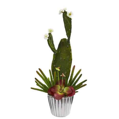 24" Mixed Cactus and Succulent Artificial Plant in White Planter with Silver Trimming