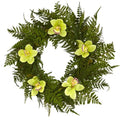 24" Mixed Fern and Cymbidium Orchid Artificial Wreath