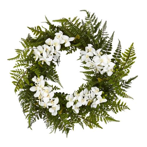 24" Mixed Fern and Phalaenopsis Orchid Artificial Wreath
