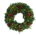 24" Mixed Pine Artificial Christmas Wreath with 35 Clear LED Lights and Berries