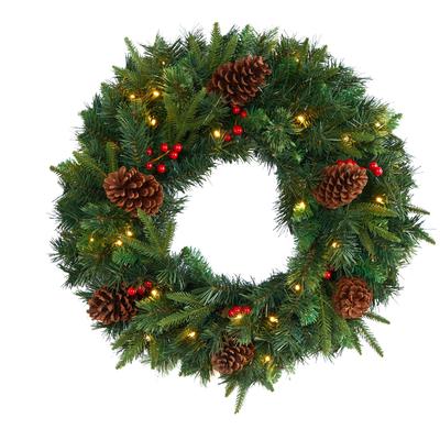 24" Mixed Pine Artificial Christmas Wreath with 35 Clear LED Lights and Berries