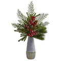 24" Mixed Pine, Pinecone and Berry Artificial Arrangement in Stoneware Vase with Gold Trimming