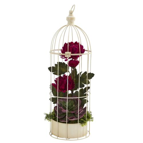 24" Mum and Echeveria Artificial Arrangement in Decorative Cage