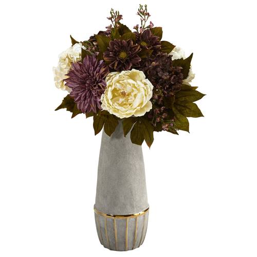 24" Peony, Hydrangea and Dahlia Artificial Arrangement in Stoneware Vase with Gold Trimming