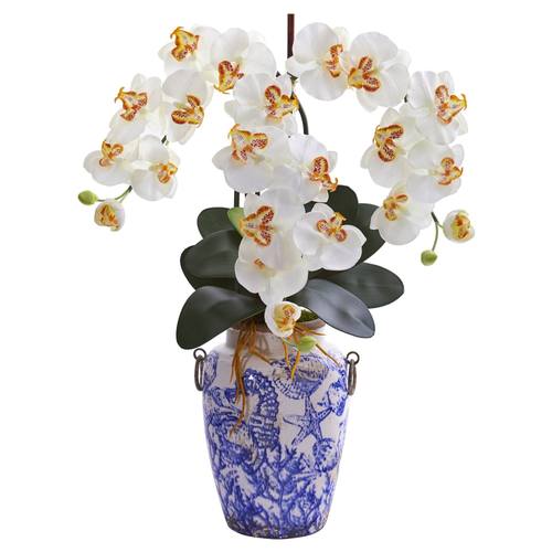 24" Phalaenopsis Orchid Artificial Arrangement in Weathered Ocean Vase