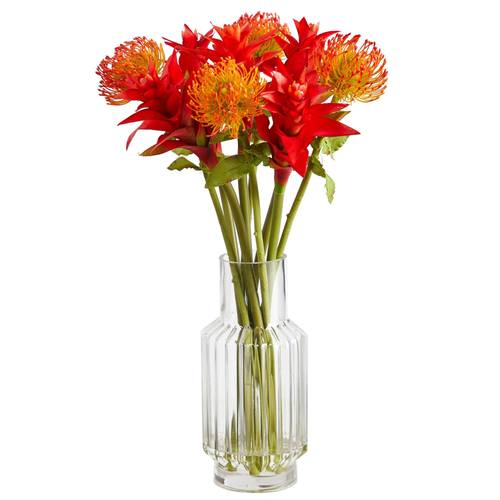 24" Pincushion and Star Bromeliad Artificial Arrangement in Glass Vase