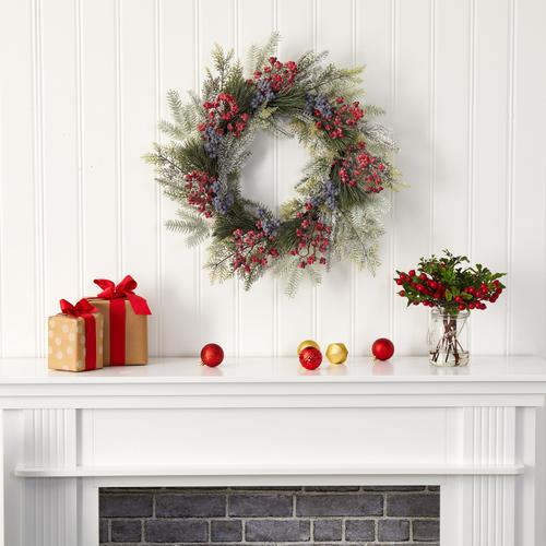 24" Pine and Cedar Artificial Wreath with Berries
