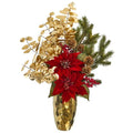 24" Poinsettia and Gold Eucalyptus Artificial Arrangement in Gold Vase