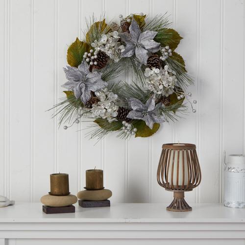 24" Silver Poinsettia, Hydrangea and Pinecones Artificial Christmas Wreath