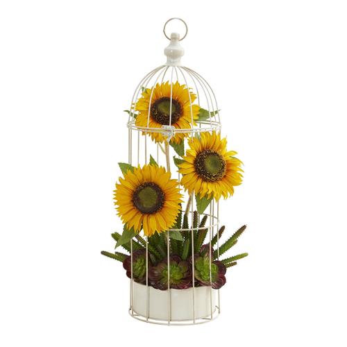 24" Sunflower, Cactus and Echeveria Artificial Arrangement in Decorative Cage