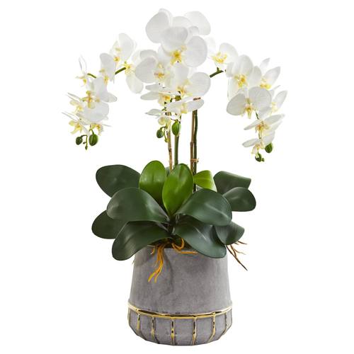 24" Triple Phalaenopsis Orchid Artificial Arrangement in Stoneware Vase with Gold Trimming