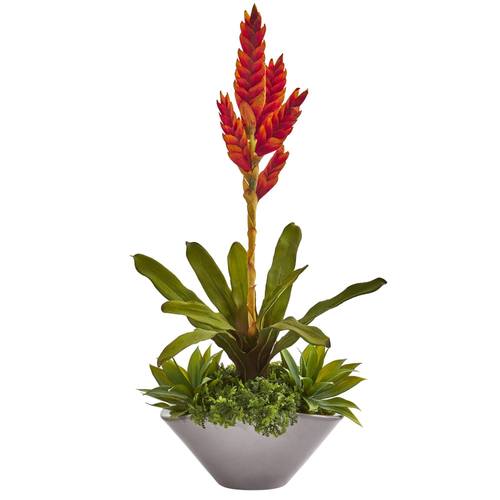 24" Tropical Bromeliad and Agave Artificial Plant in Gray Planter