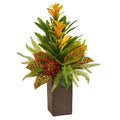 25" Bromeliad, Croton and Succulent Artificial Plant in Weathered Brown Planter