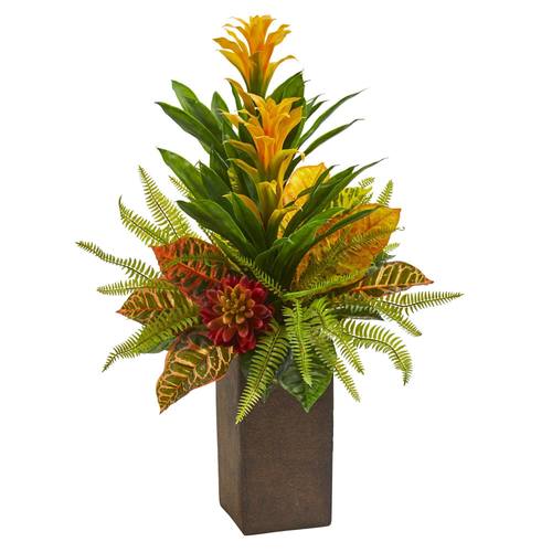 25" Bromeliad, Croton and Succulent Artificial Plant in Weathered Brown Planter