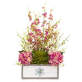 25" Cherry Blossom, Hydrangea and Succulent Artificial Arrangement in Decorative Wood Vase