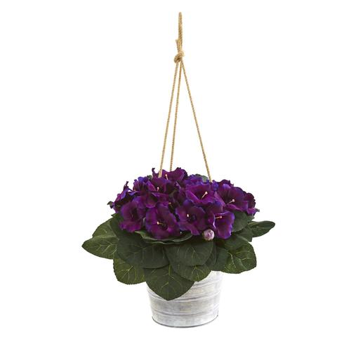 25" Gloxinia Artificial Plant in Hanging Metal Bucket