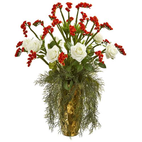 25" Rose Artificial Arrangement in Designer Gold Vase