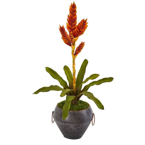 25" Tropical Bromeliad Artificial Plant in Metal Bowl