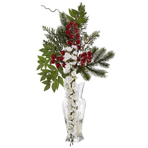 25" Wisteria, Iced Pine and Berries Artificial Arrangement in Glass Vase