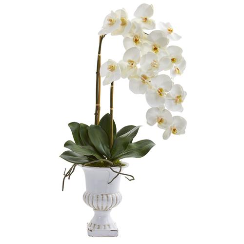 26" Double Phalaenopsis Orchid Artificial Arrangement in White Urn
