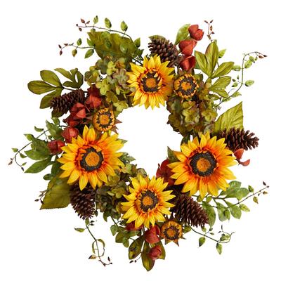 26" Fall Hydrangea, Sunflower and Pinecones Artificial Autumn Wreath