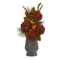26" Hydrangea, Pear and Magnolia Artificial Arrangement in Metal Vase