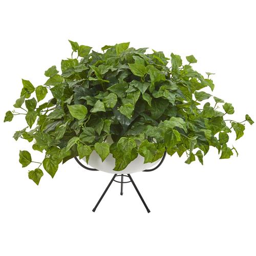 26" London Ivy Artificial Plant in White Planter with Metal Stand (Real Touch)