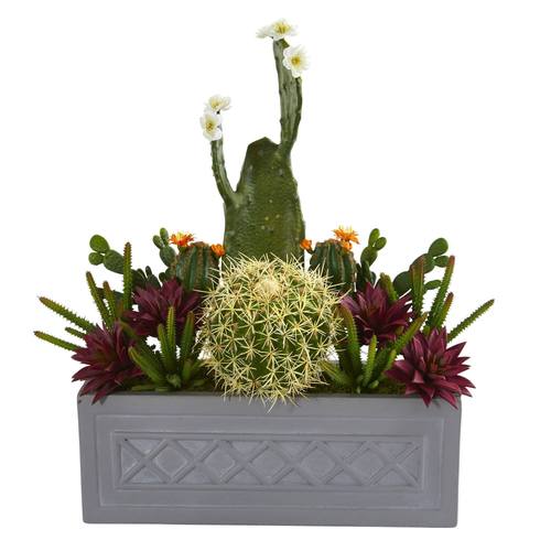 26" Mixed Cactus Succulent Artificial Plant in Stone Planter