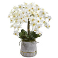 26" Phalaenopsis Orchid Artificial Arrangement in Stoneware Vase with Gold Trimming