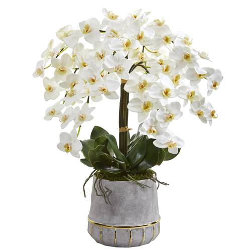 26" Phalaenopsis Orchid Artificial Arrangement in Stoneware Vase with Gold Trimming