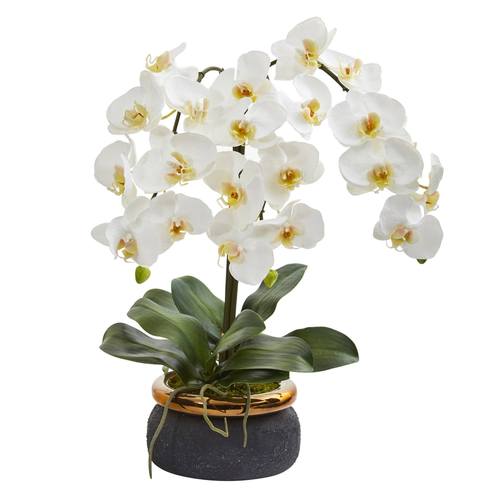 18" Triple Phalaenopsis Orchid Artificial Arrangement in Black Vase with Bronze Rim
