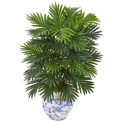 27" Areca Palm Artificial Plant in Vintage Floral Planter