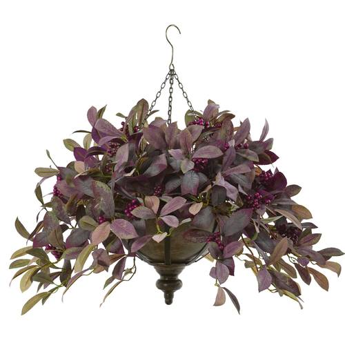 27" Fall Laurel Leaf with Berries Artificial Plant in Metal Hanging Bowl