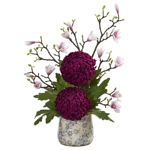 27" Magnolia and Mum Artificial Arrangement in Floral Design Vase