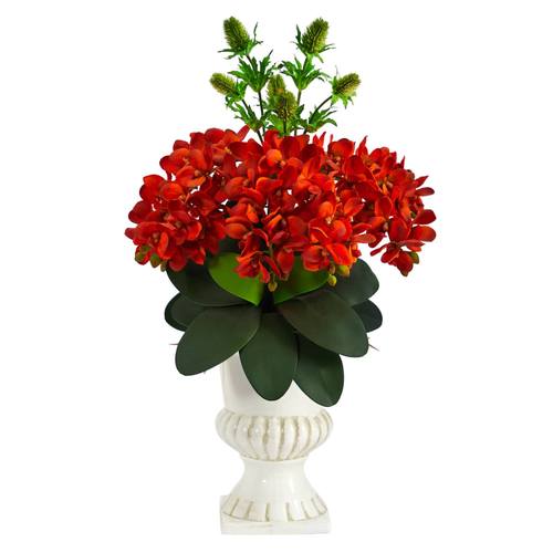 27" Phalaenopsis Orchid and Thistle Artificial Arrangement in White Urn
