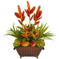 27" Tropical and Faux Fruit Artificial Arrangement in Metal Planter