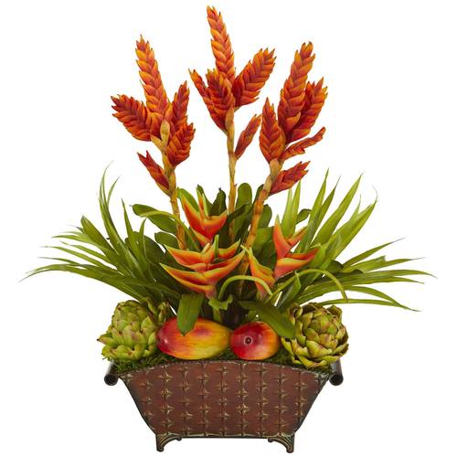 27" Tropical and Faux Fruit Artificial Arrangement in Metal Planter