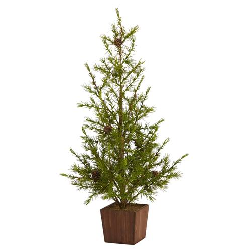 28" Alpine “Natural Look" Artificial Christmas Tree in Wood Planter with Pine Cones