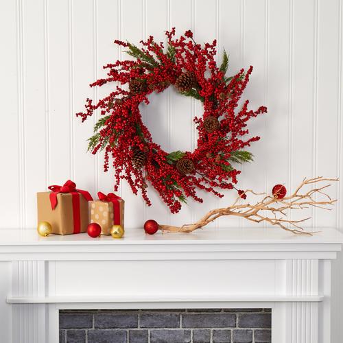 28" Cypress Artificial Wreath with Berries and Pine Cones