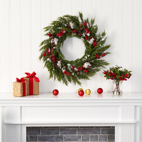 28'' Frosted Cypress with Berries and Pine Cones Artificial Wreath
