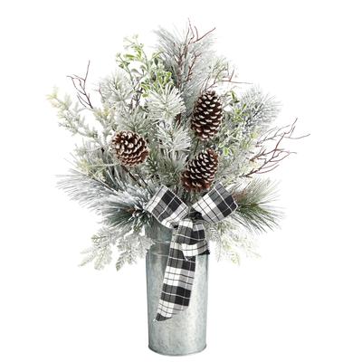 28" Frosted Greenery and Pinecone with Plaid Bow Artificial Christmas Arrangement in Decorative Tin