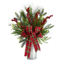 28" Holiday Winter Greenery, Berries and Plaid Bow Artificial Christmas Arrangement Home Décor