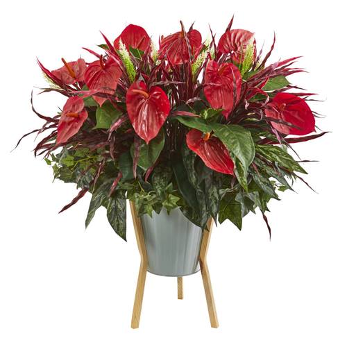 28" Mixed Anthurium Artificial Plant in Green Planter with Stand