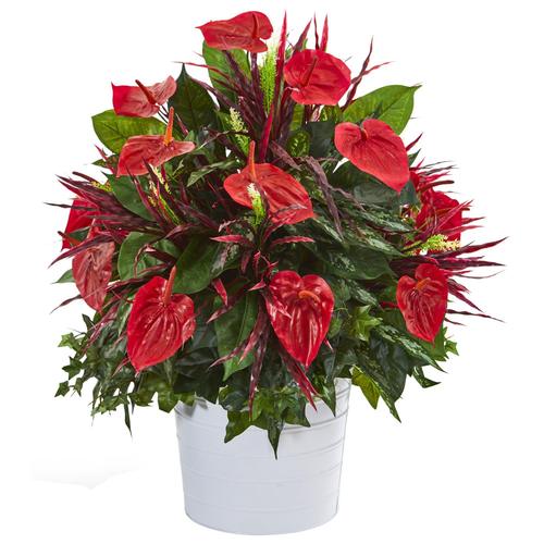 29" Mixed Anthurium Artificial Plant in White Tin Planter