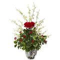 29" Rose, Cherry Blossom and Holly Leaf Artificial Arrangement in Silver Bowl
