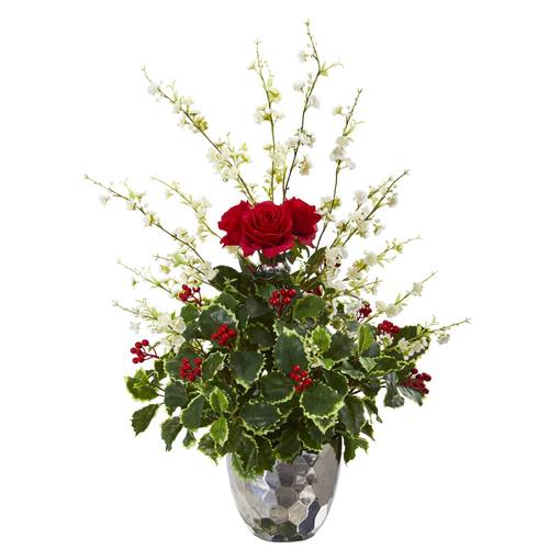 29" Rose, Cherry Blossom and Holly Leaf Artificial Arrangement in Silver Bowl