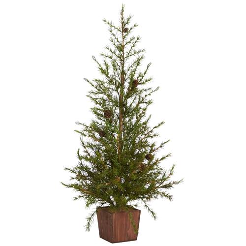 3'Alpine “Natural Look" Artificial Christmas Tree in Wood Planter with Pine Cones